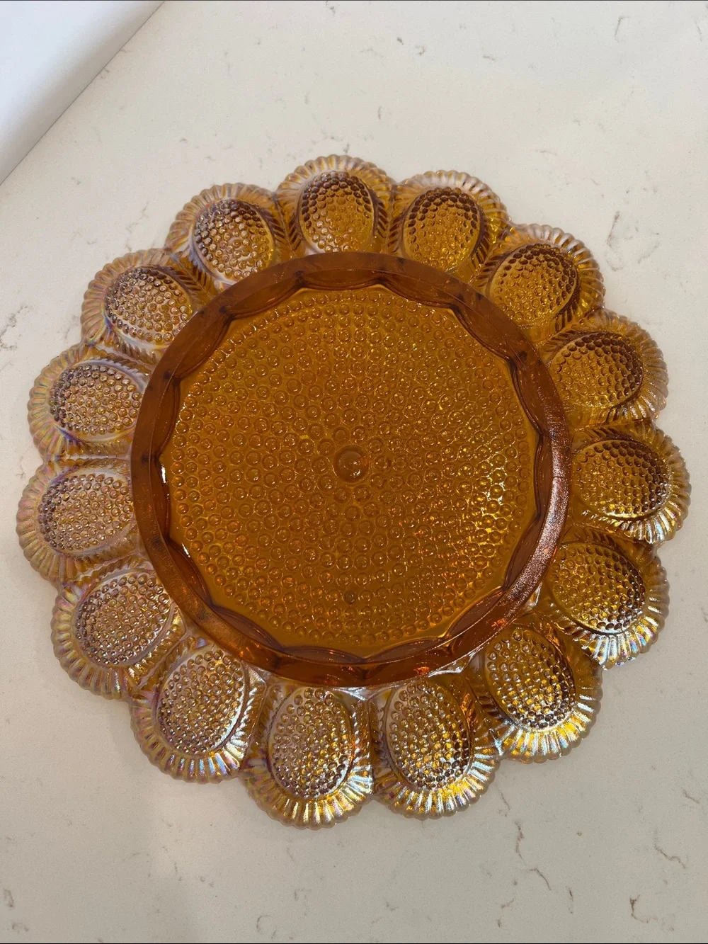 Vintage Indiana Glass Carnival Glass Deviled Egg Platter Plate Amber Hobnail 11”